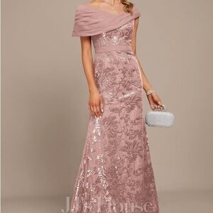 JJs House Dusty Rose Sheath Off the Shoulder Lace Sequin Chiffon Evening Dress